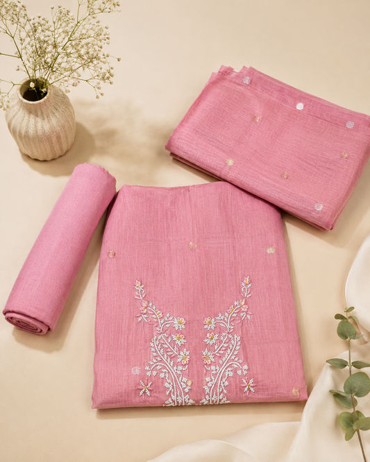 Pink Embroidered Unstitched Suit Set with Dupatta | Zaribari