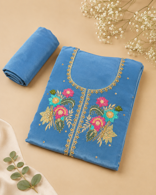Blue Crepe Silk Embroidered Unstitched Suit Set | Zaribari