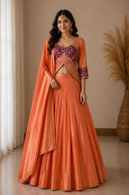 Peach & Purple Designer Embroidered Lehenga | Zaribari