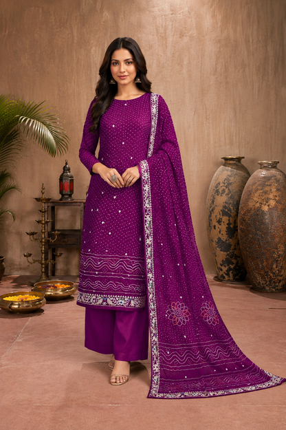 Pure Bandhej Unstitched Suit Set with handworked Kurta Fabric, bottom Fabric & Designer Dupatta