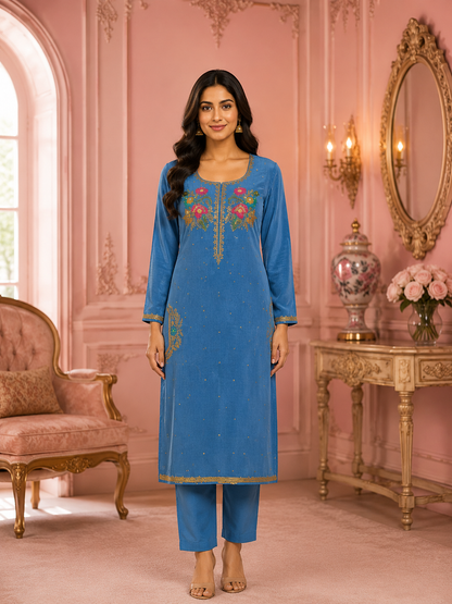 Blue Crepe Silk Embroidered Unstitched Suit Set | Zaribari