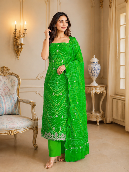 Premium Green Hand worked Unstitched 3-Piece Suit Set