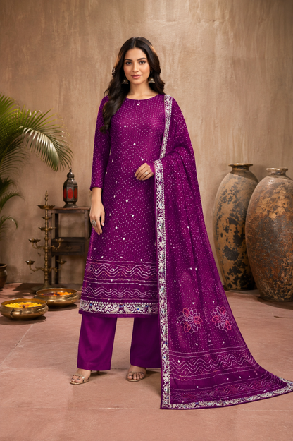 Pure Bandhej Unstitched Suit Set with handworked Kurta Fabric, bottom Fabric & Designer Dupatta