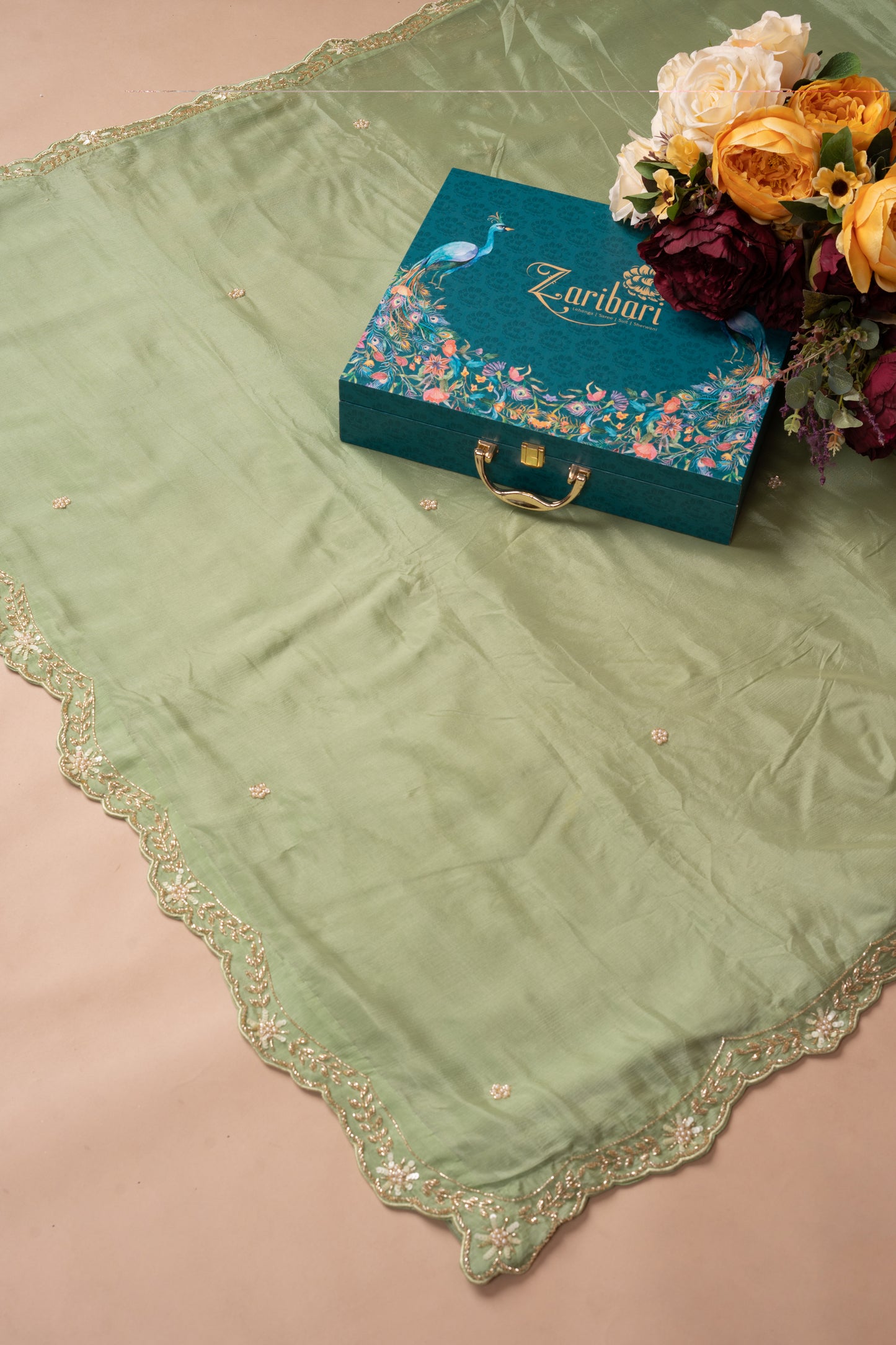 Chiffon Sequins Flower Cutwork Pista Saree