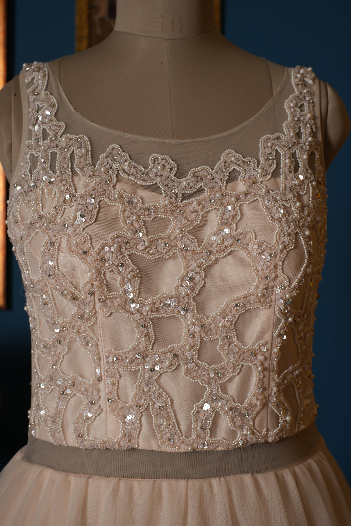 Cream Designer Pearl Choli Net Gown
