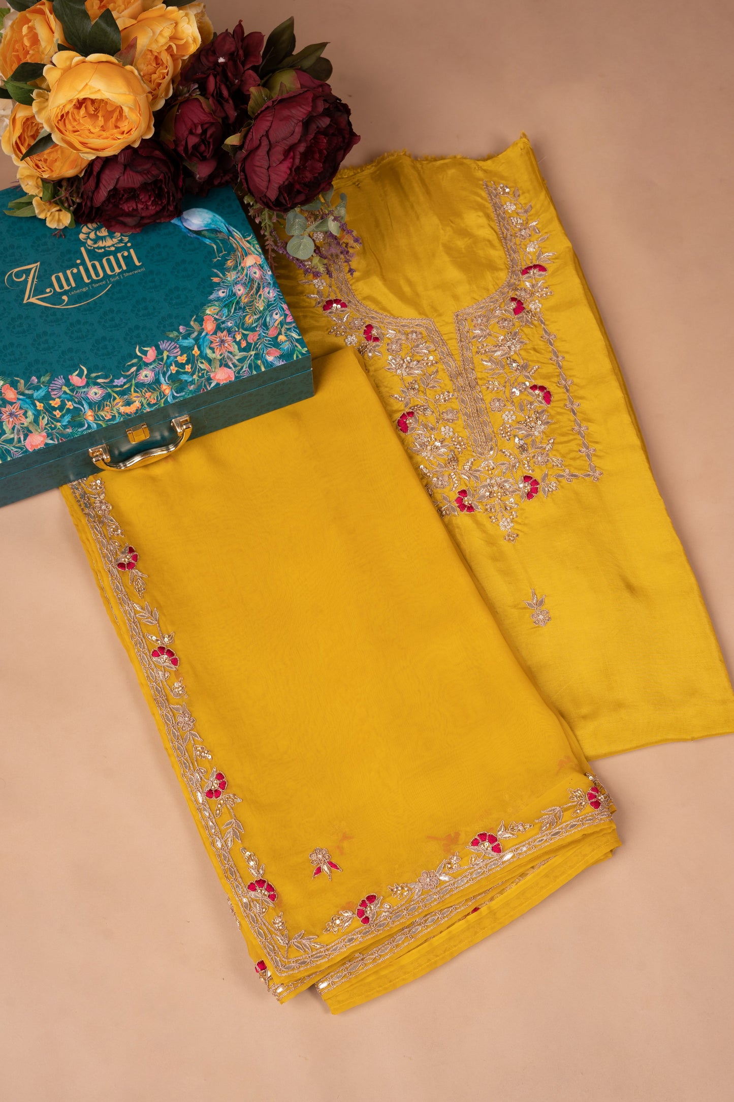 Mustard Yellow Riyaz Neck Line 01 Upada Silk Unstitched Suit