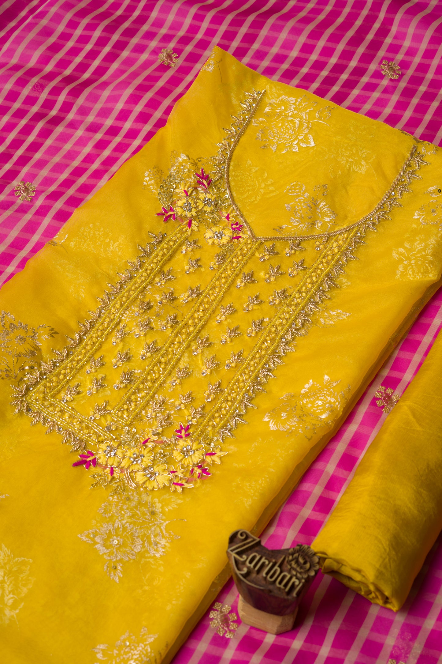Yellow SDF-3050 Organza Unstitched Suit