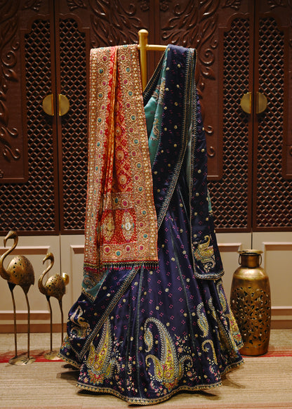 Blue Paisley  Digital Print Lehenga with Zardozi Handwork & Satin Organza Dupatta | Zaribari Jaipur