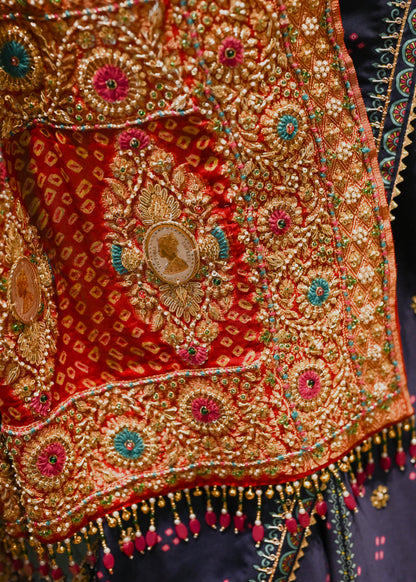 Blue Paisley  Digital Print Lehenga with Zardozi Handwork & Satin Organza Dupatta | Zaribari Jaipur