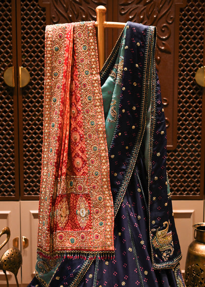 Blue Paisley  Digital Print Lehenga with Zardozi Handwork & Satin Organza Dupatta | Zaribari Jaipur