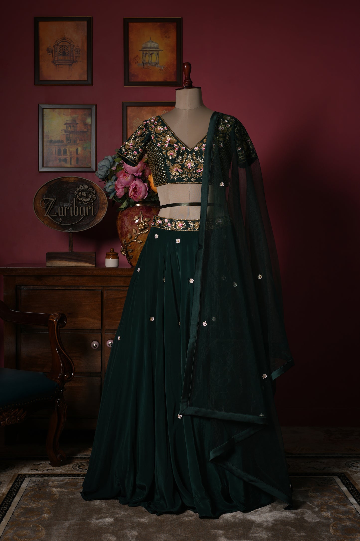 Dark Green Designer Sequins Kardana Crepe Silk Crop Set