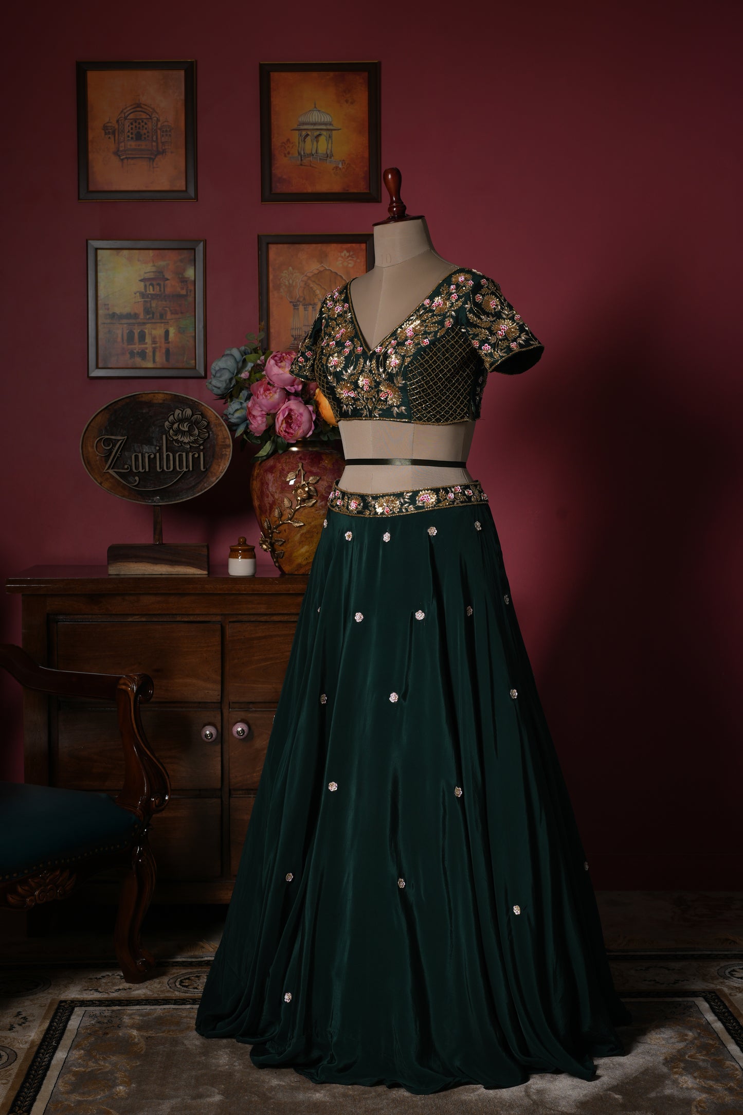 Dark Green Designer Sequins Kardana Crepe Silk Crop Set