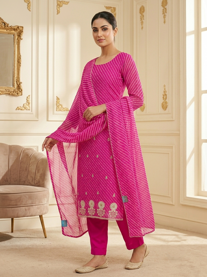 Rani Pink Bandhani Print Unstitched Suit Set with Embroidered Border & Dupatta
