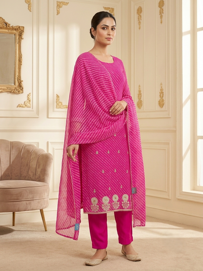 Rani Pink Bandhani Print Unstitched Suit Set with Embroidered Border & Dupatta