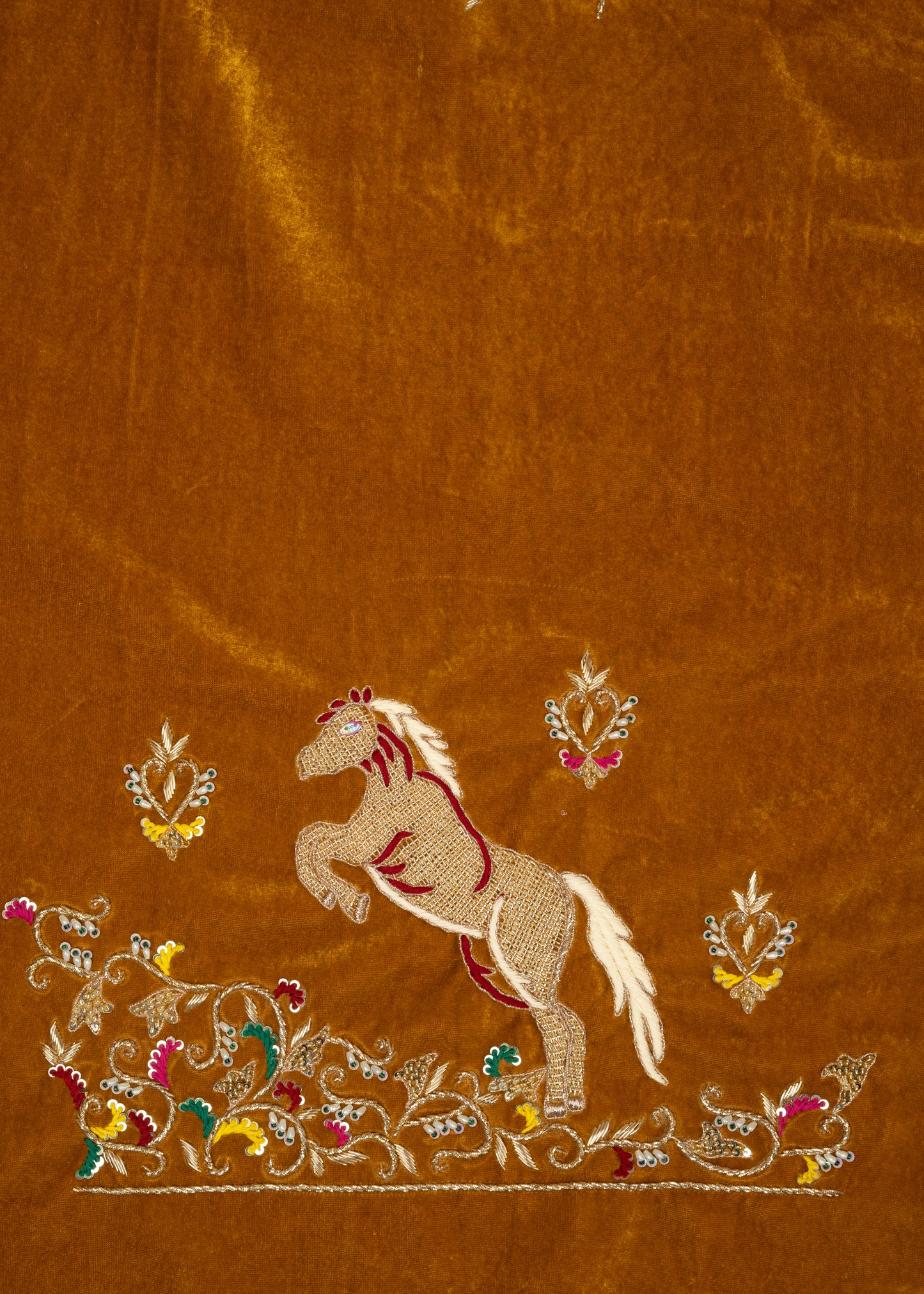 Golden Mustard Designer Horse Design Lycra Velvet Unstitched Blouse