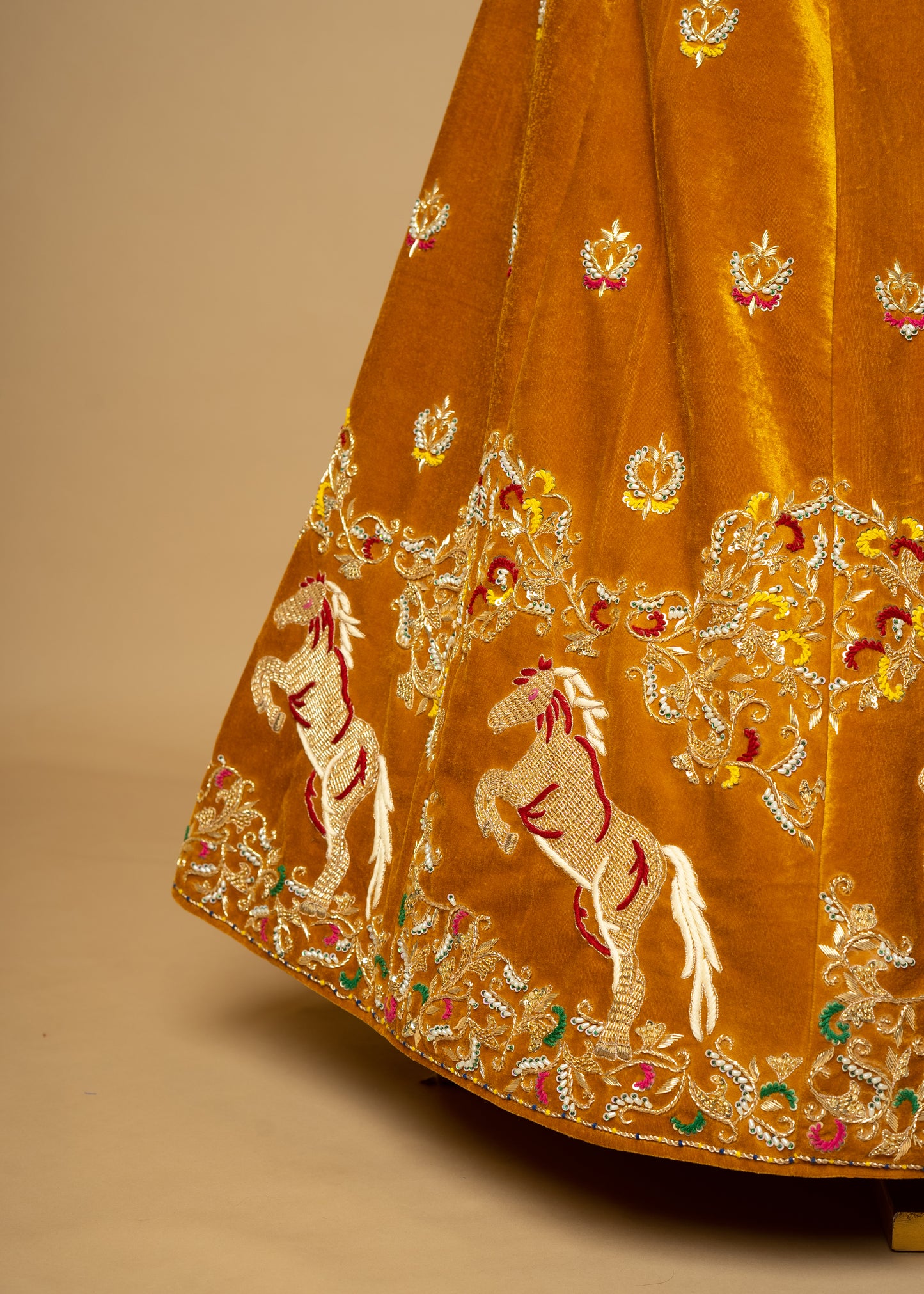 Golden Mustard Designer Jumping Horse Lycra Velvet Lehenga