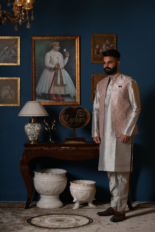 Gray Designer DD Silk Kurta Jacket Set