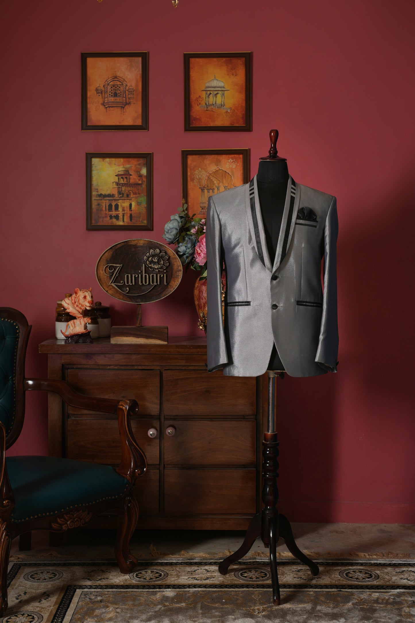 Gray Designer Silk Tuxedo Set