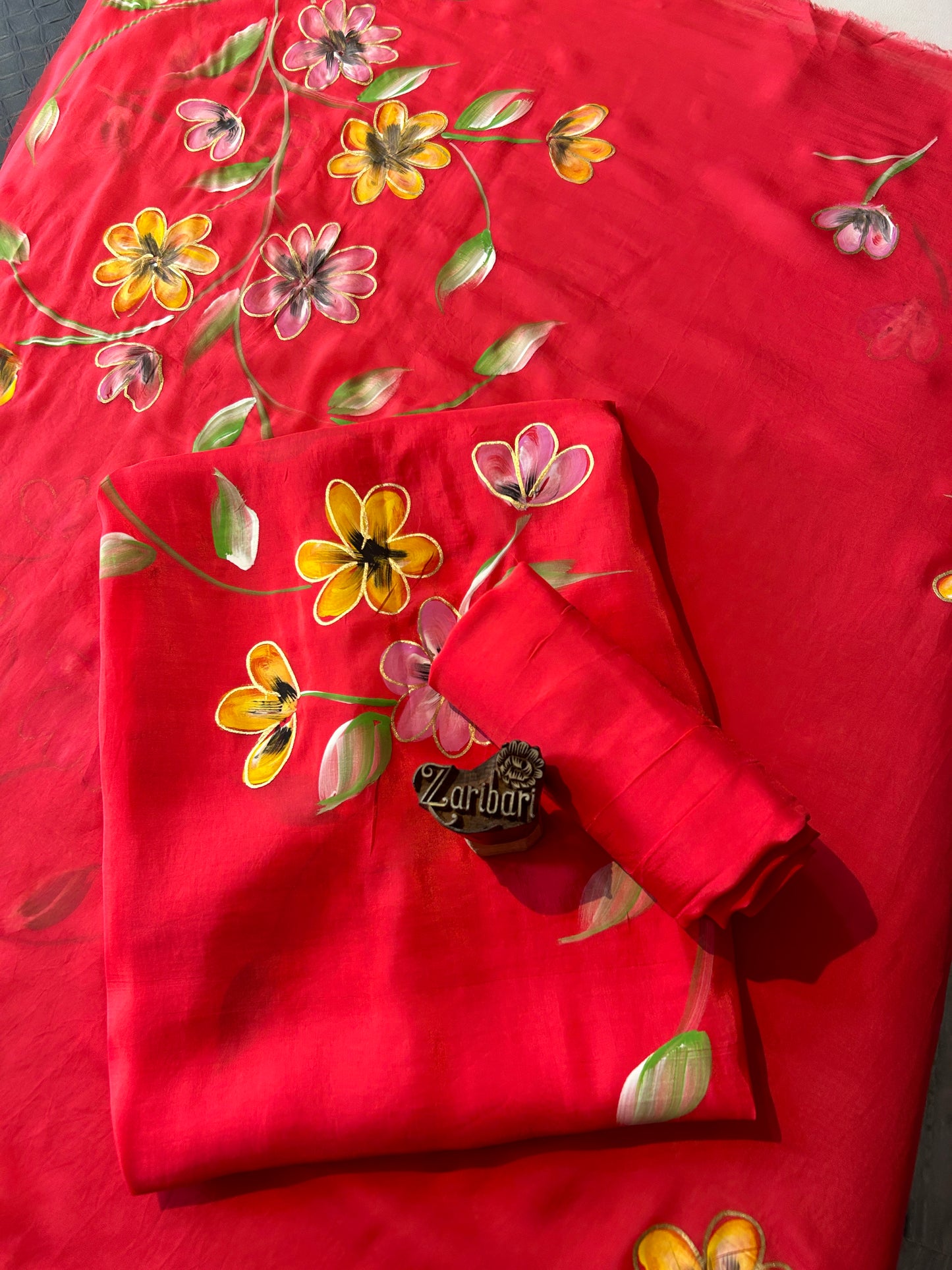 Red Colour Hand Painting Upada Silk Unstitched Suit