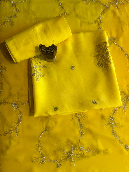 Yellow Colour Russian Silk Unstitched Suit