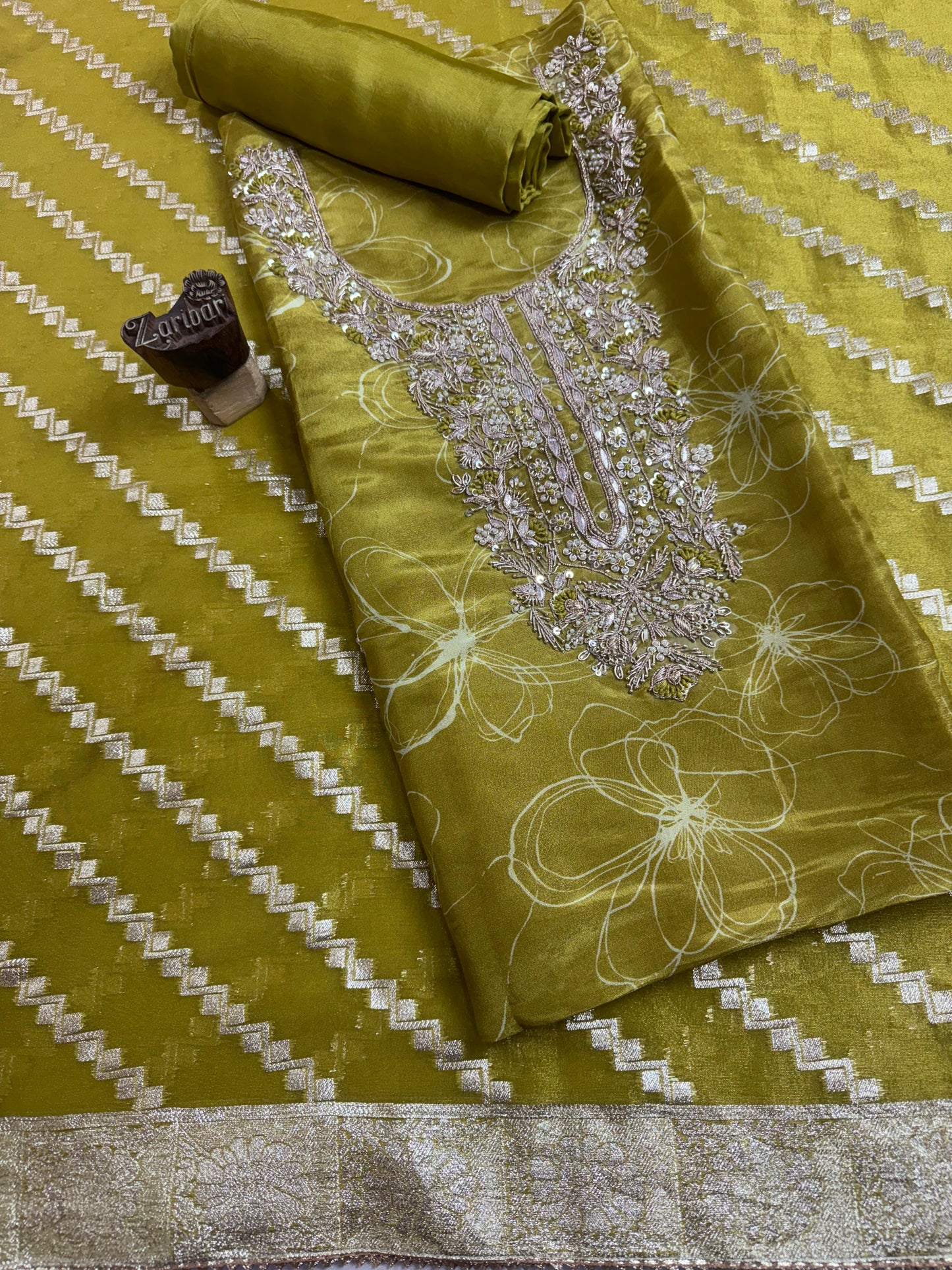 SilkAura Mehndi Green Suit Set