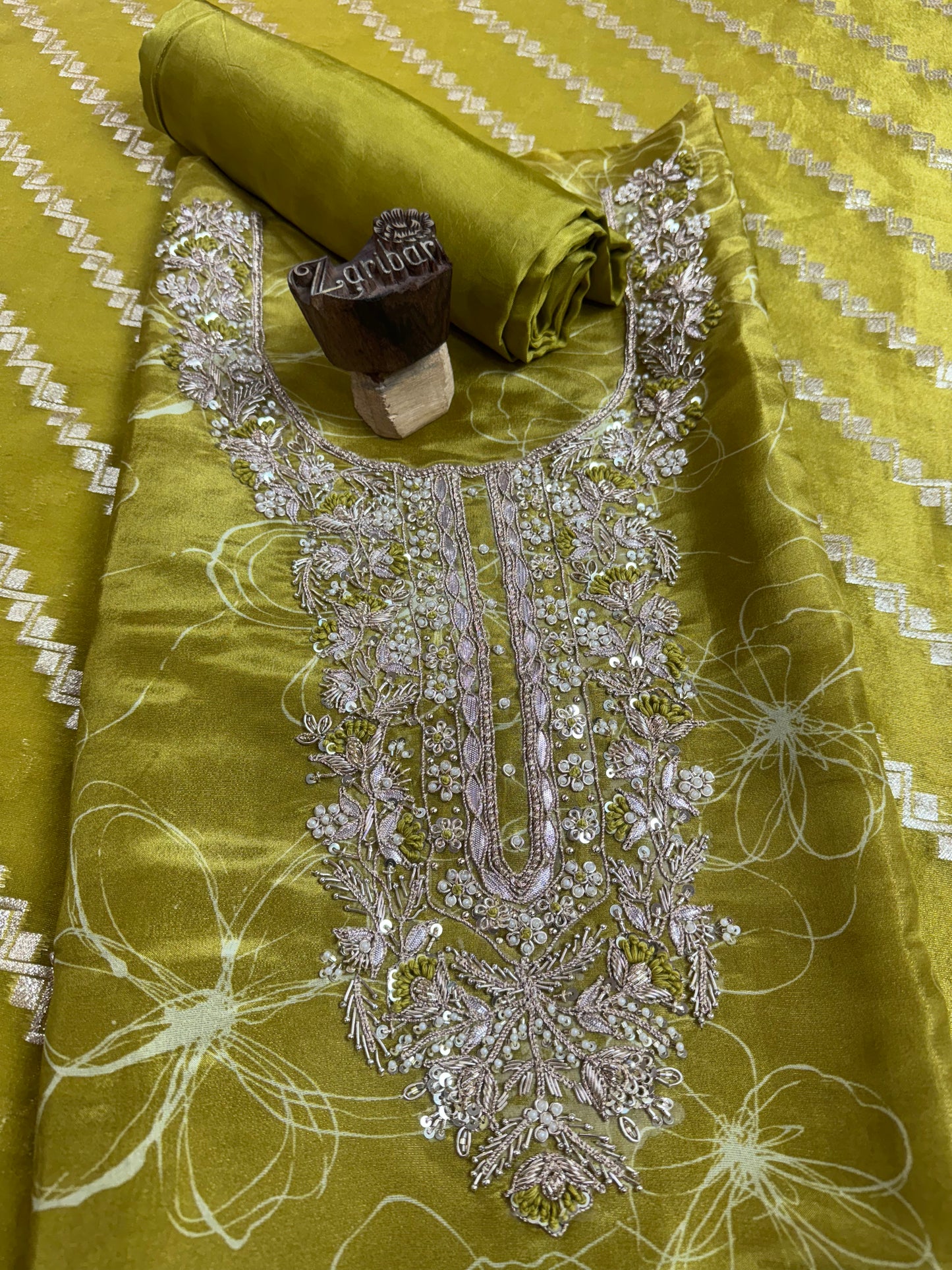 SilkAura Mehndi Green Suit Set