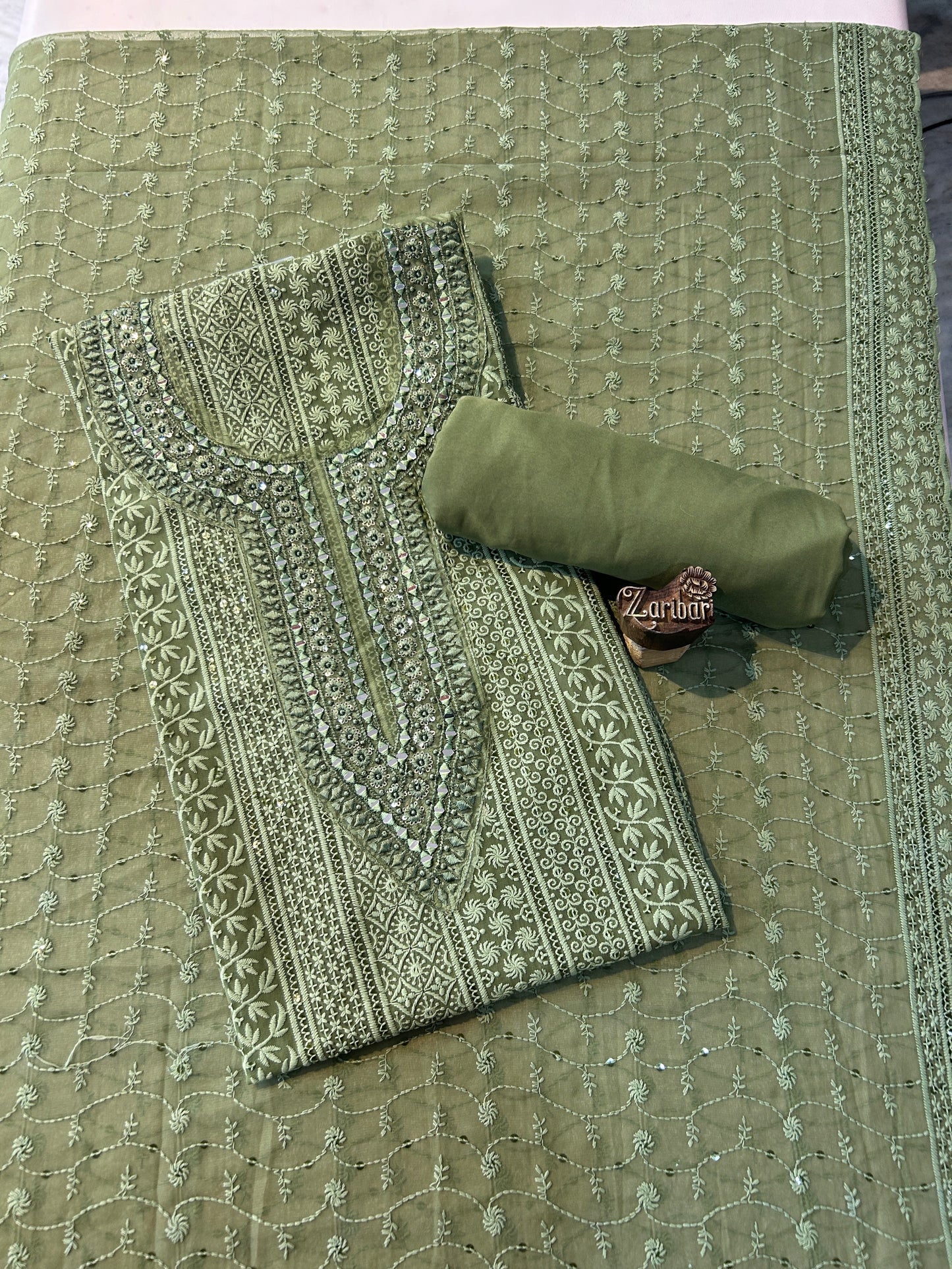 Olive Green Synthetic Georgette Unstitched Suit