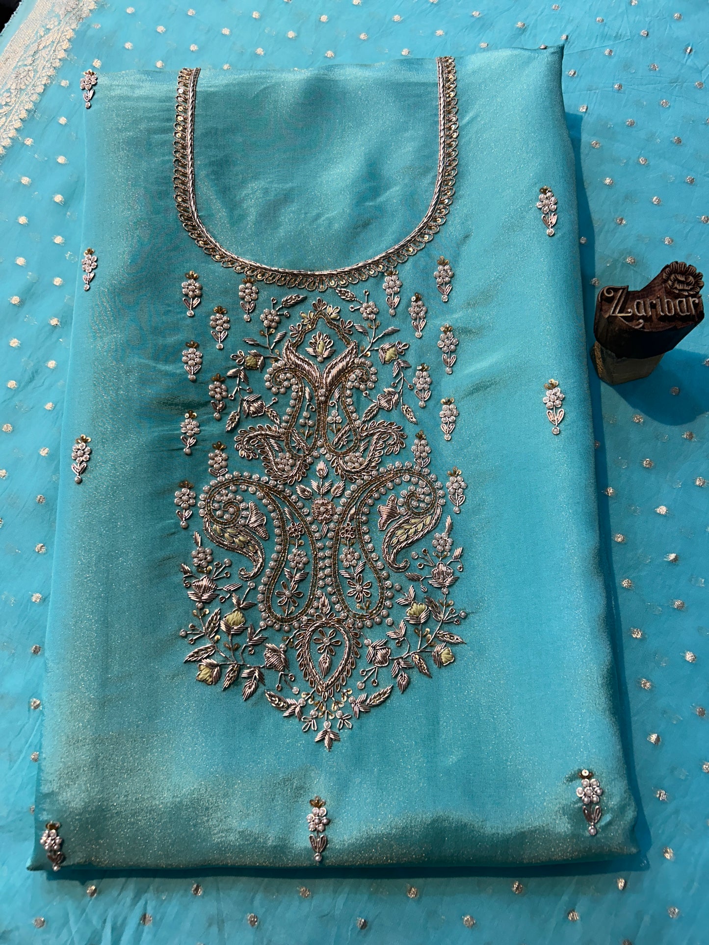 Tissue Silk Sky Blue Unstitched Suit