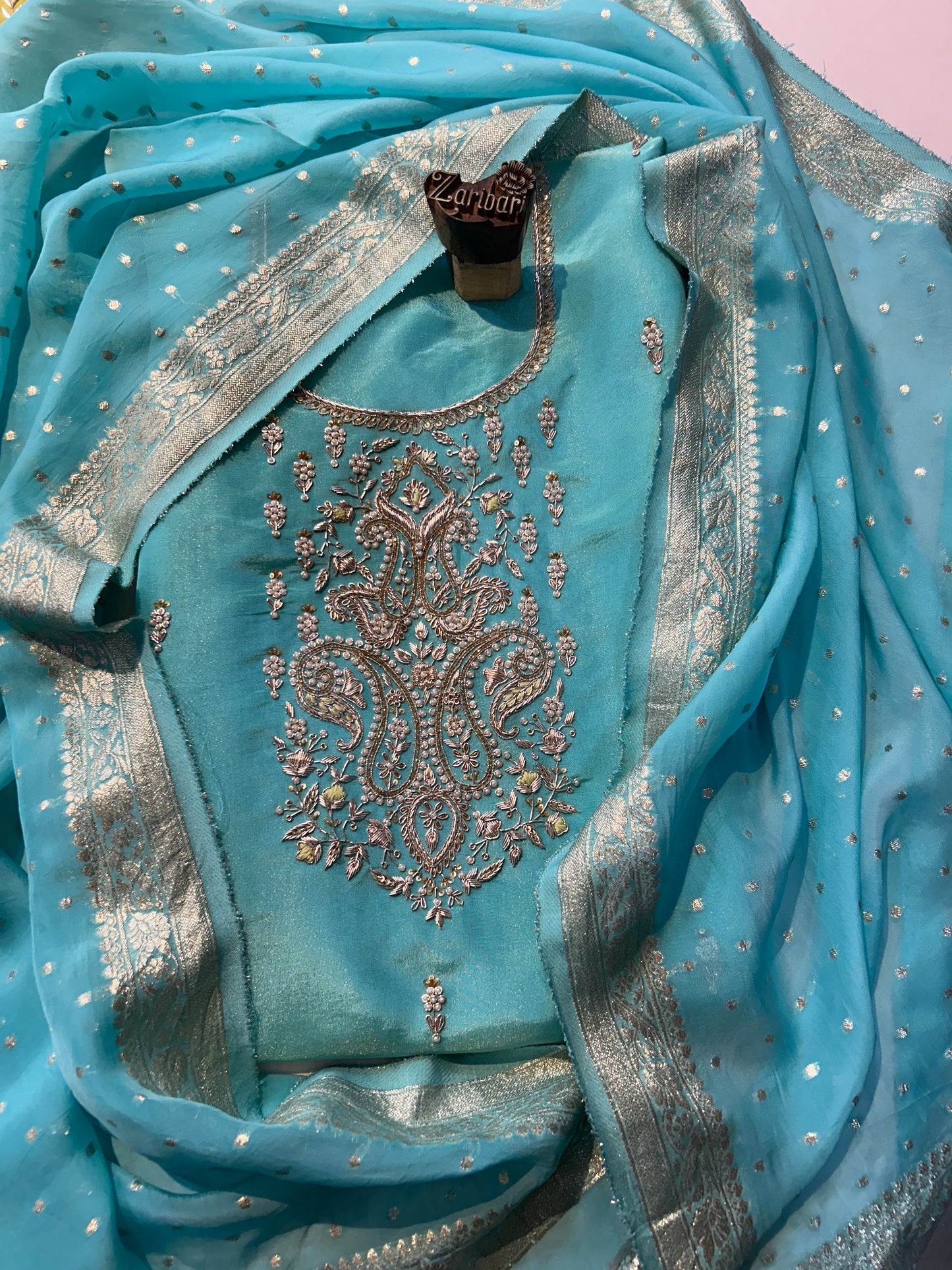 Tissue Silk Sky Blue Unstitched Suit