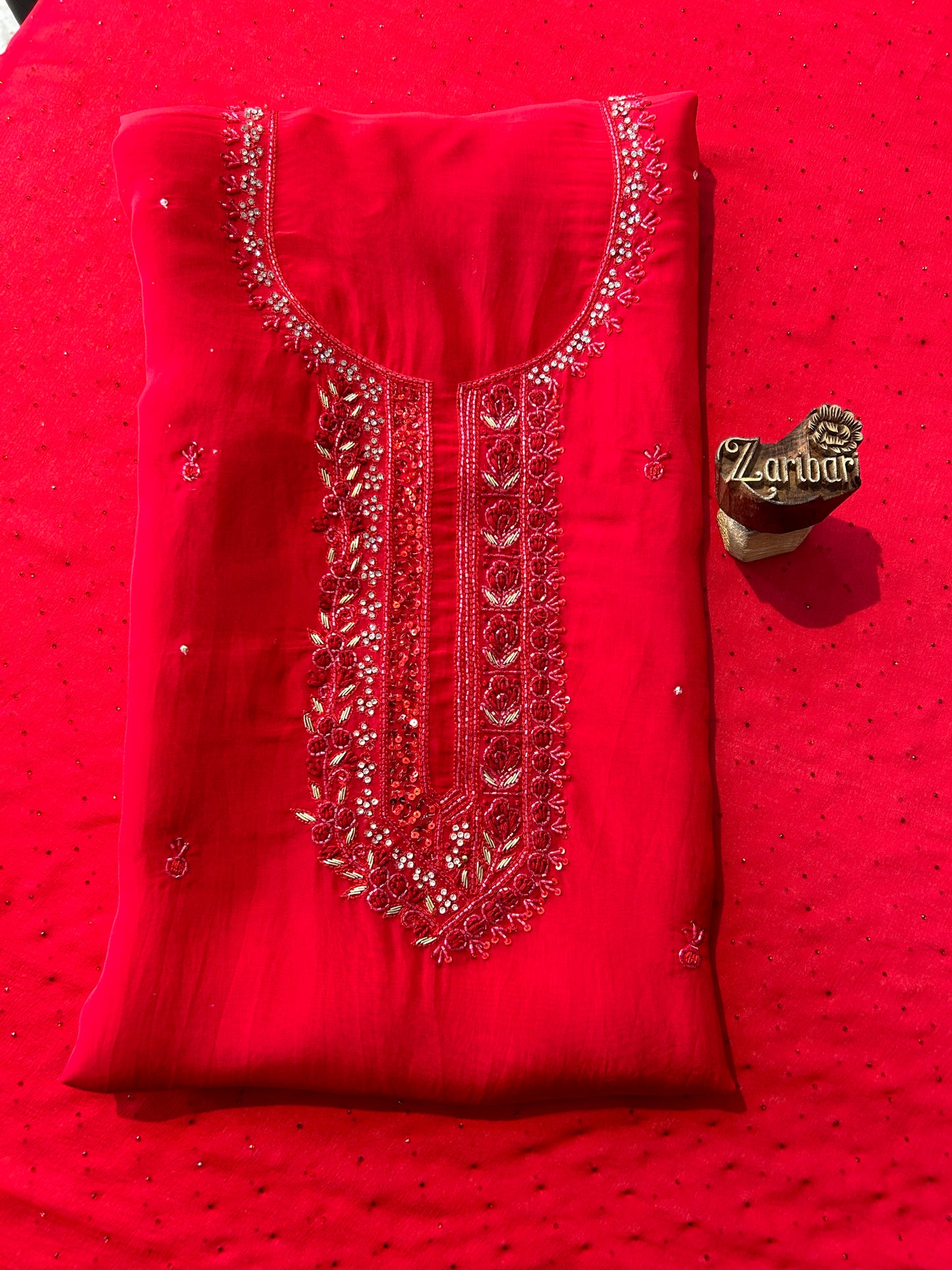 Red Organza Unstitched Suit