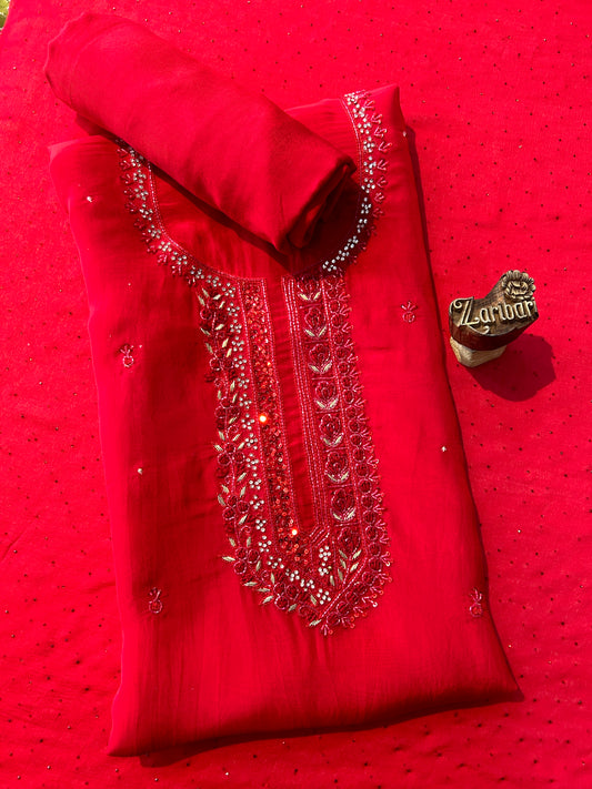 Red Organza Unstitched Suit