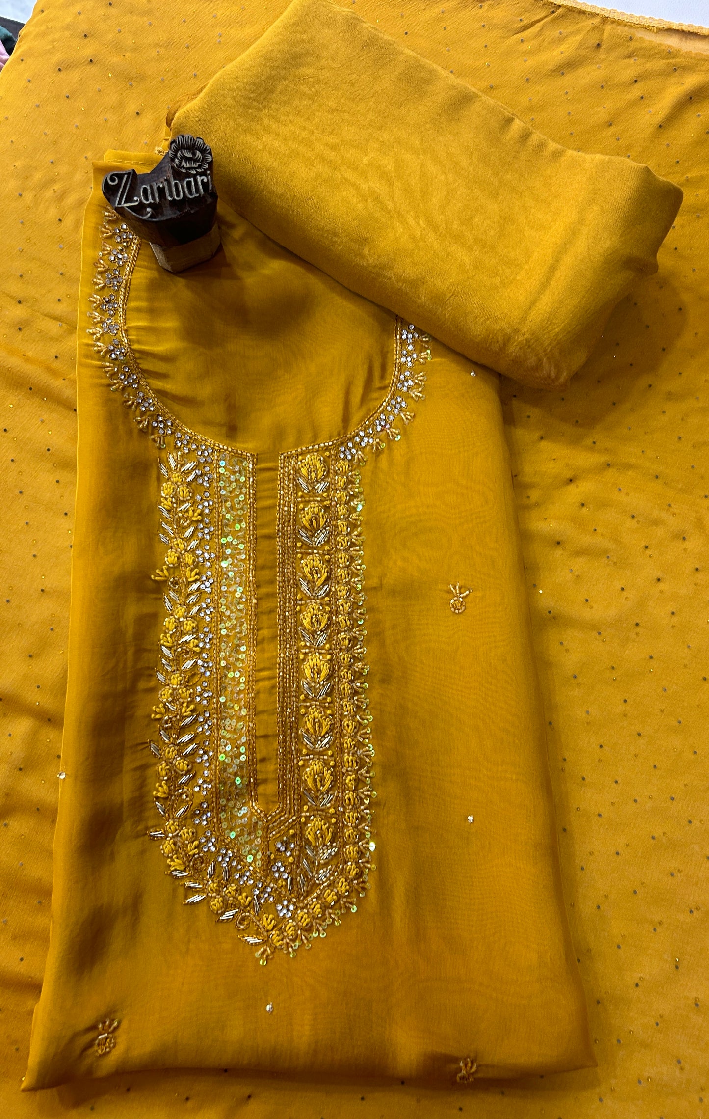 Mustard Yellow Organza Unstitched Suit