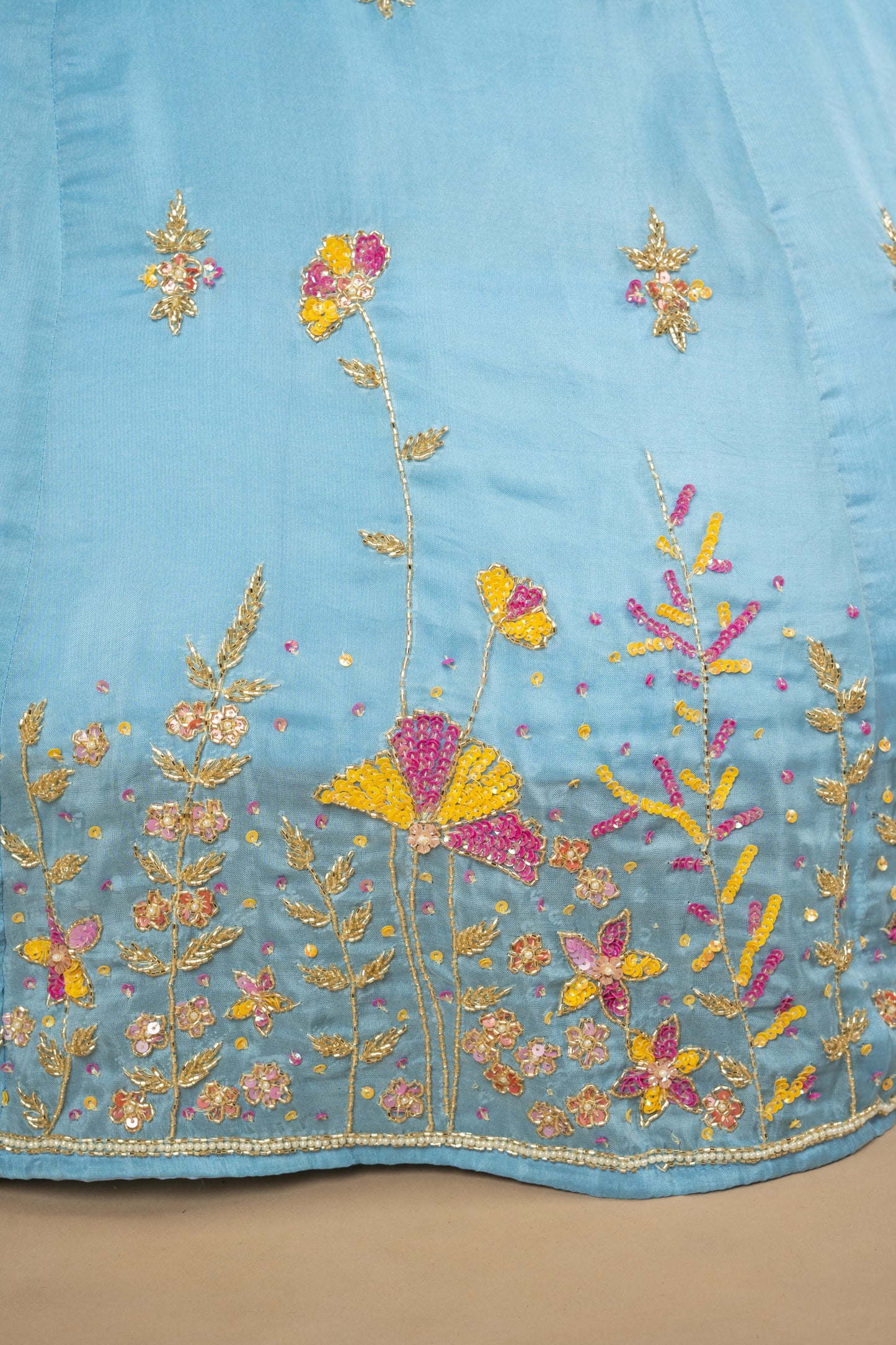 Ice Blue Designer Kardana Chadi Sequins Flower Upada Silk Lehenga