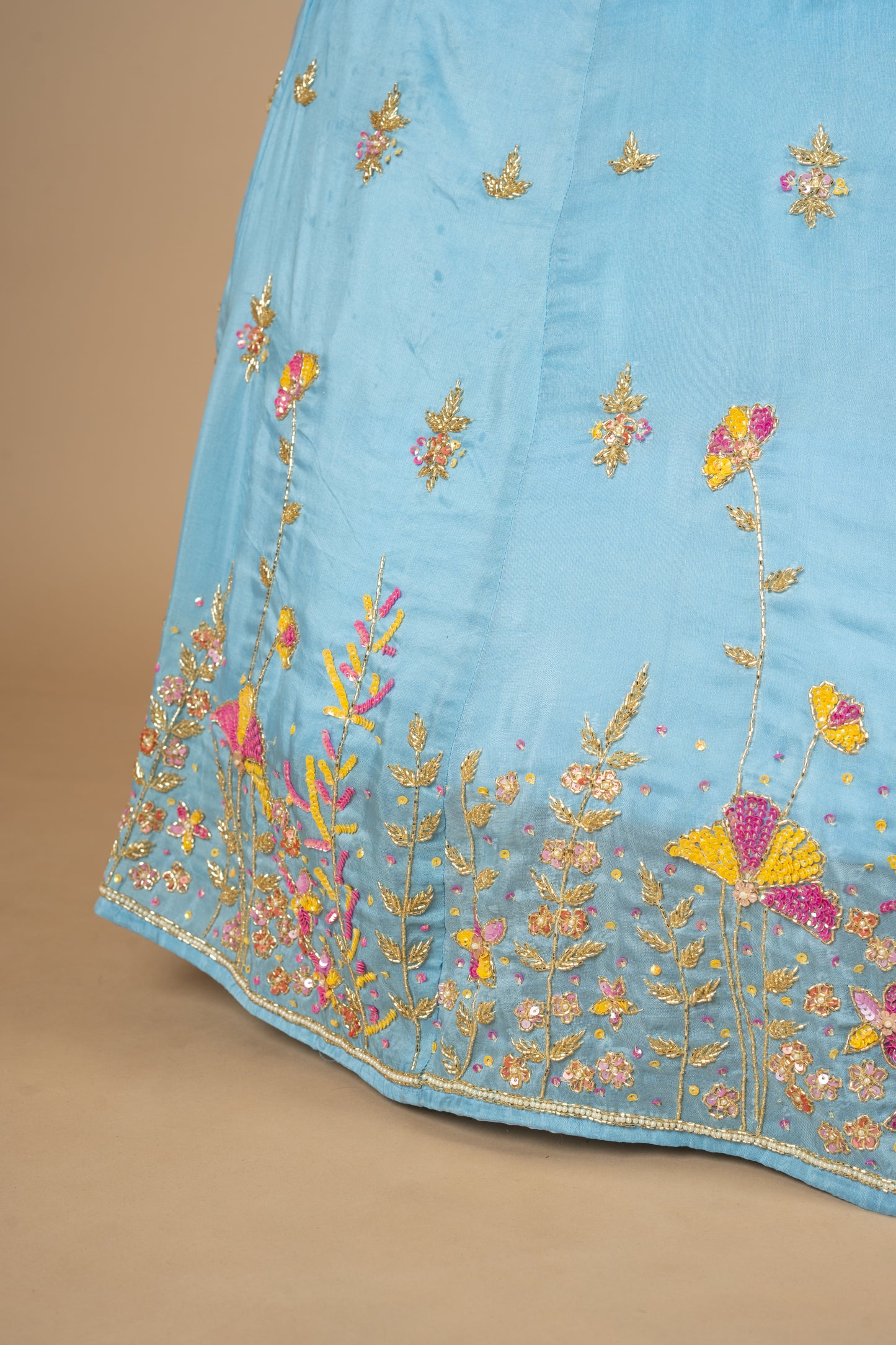 Ice Blue Designer Kardana Chadi Sequins Flower Upada Silk Lehenga