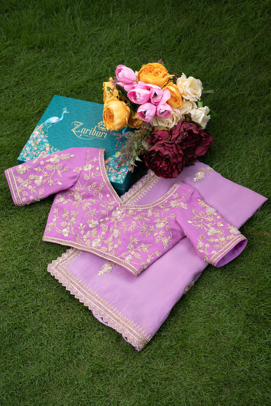 Lavender Cut Work Border Organza Saree