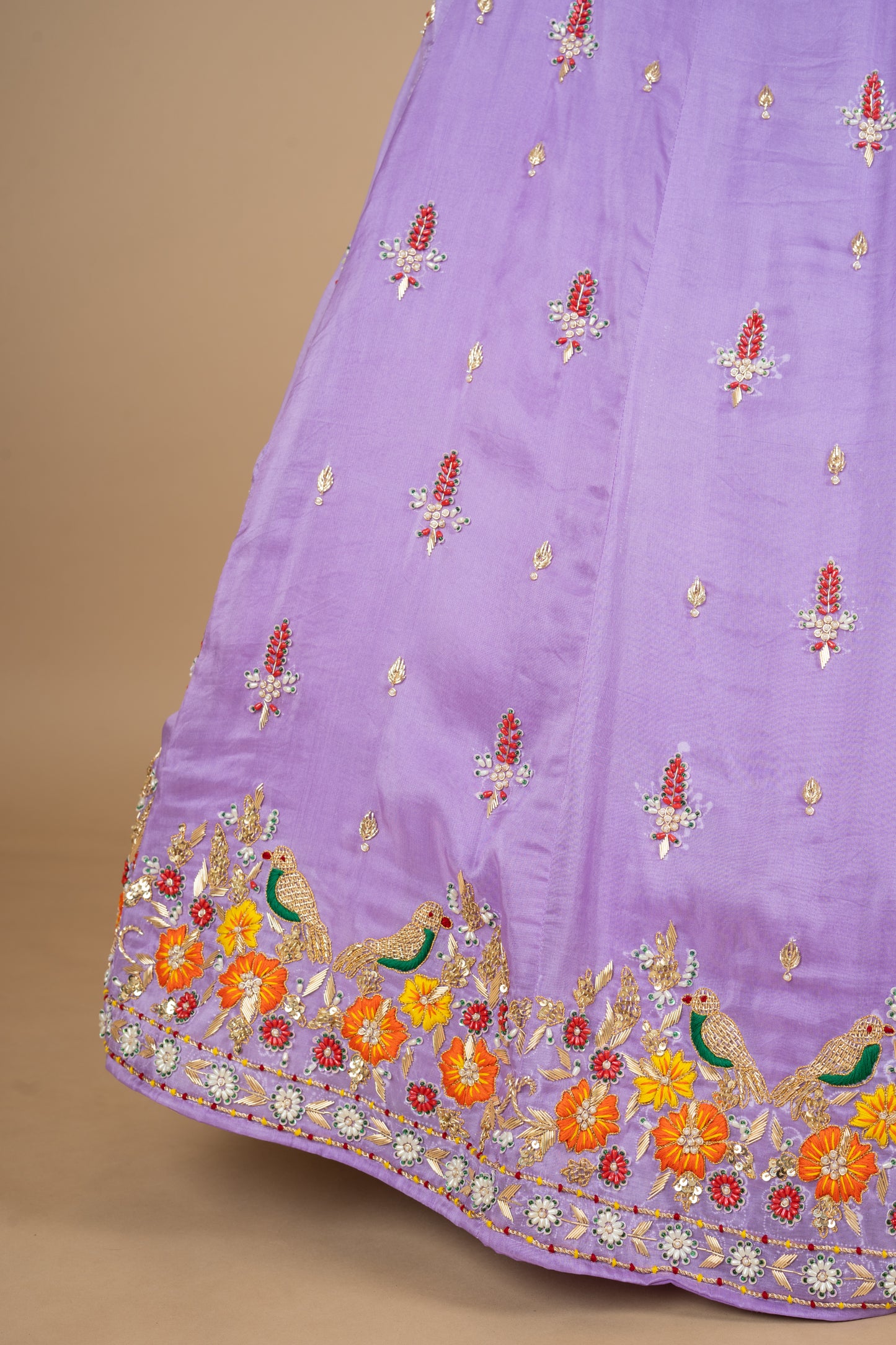 Lavender Designer Double Chidiya Anchor Flower Upada Silk Lehenga