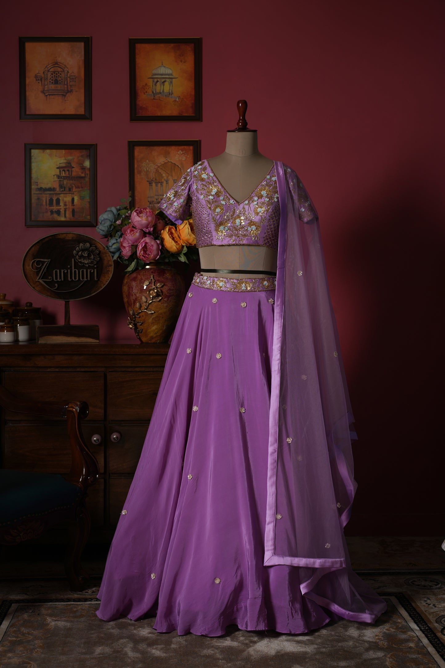 Lavender Designer Sequins Kardana Upada Silk Crop Set