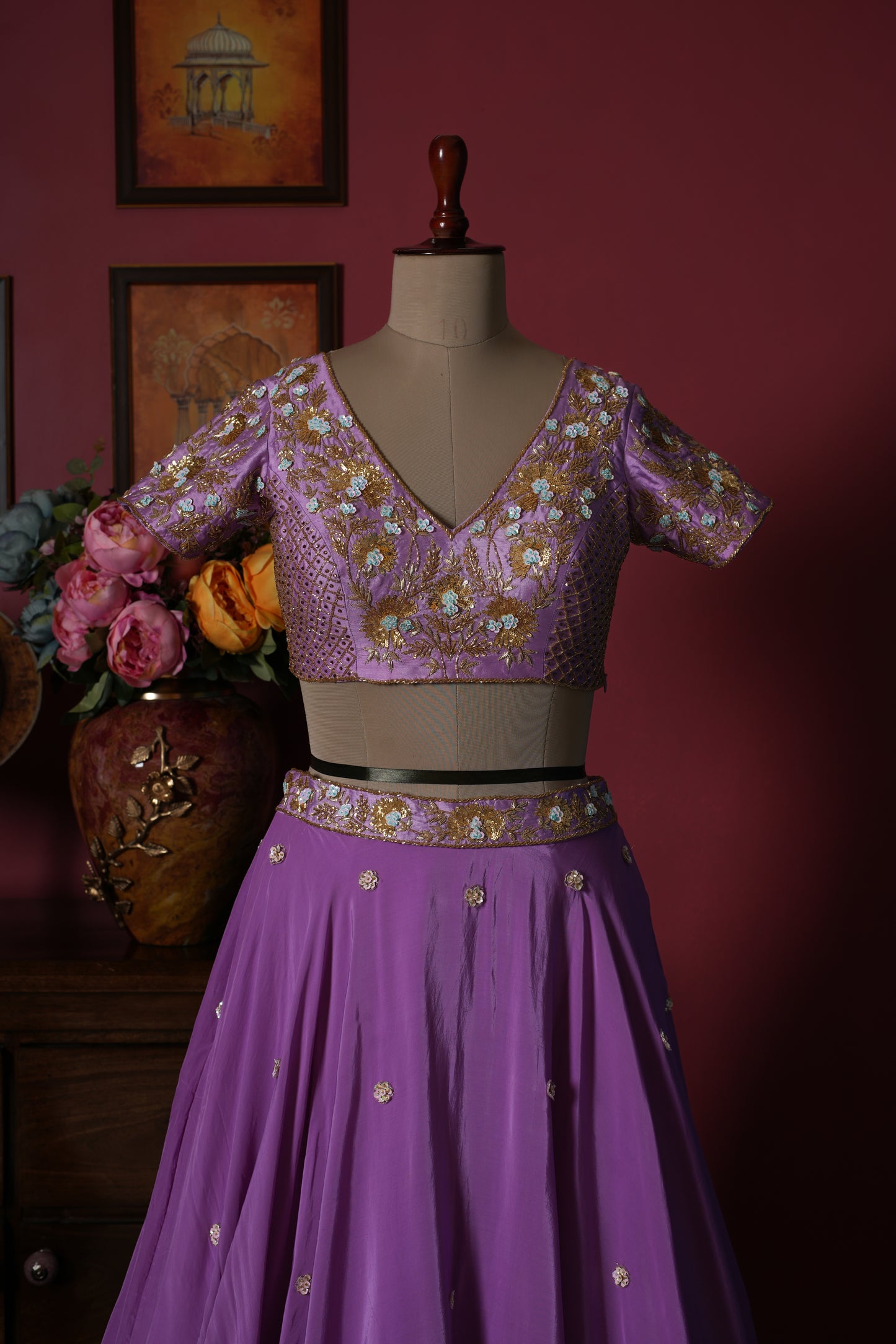 Lavender Designer Sequins Kardana Upada Silk Crop Set