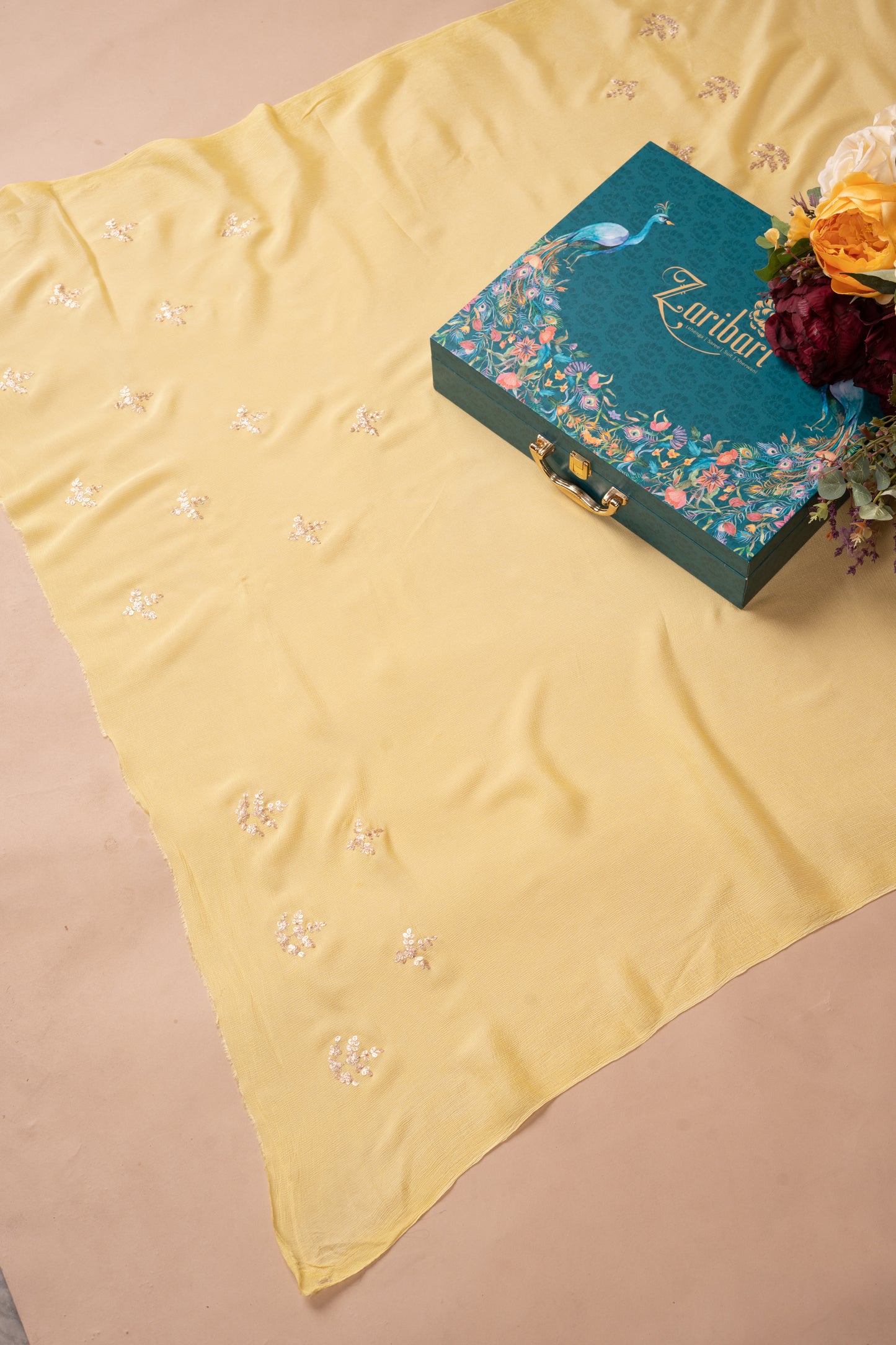 Lemon Yellow Peetan Work Chinon Saree