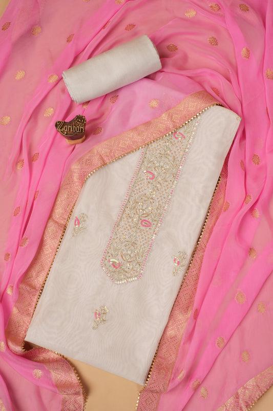 Light Gray DM-OTJ05101 Chanderi Silk Unstitched Suit