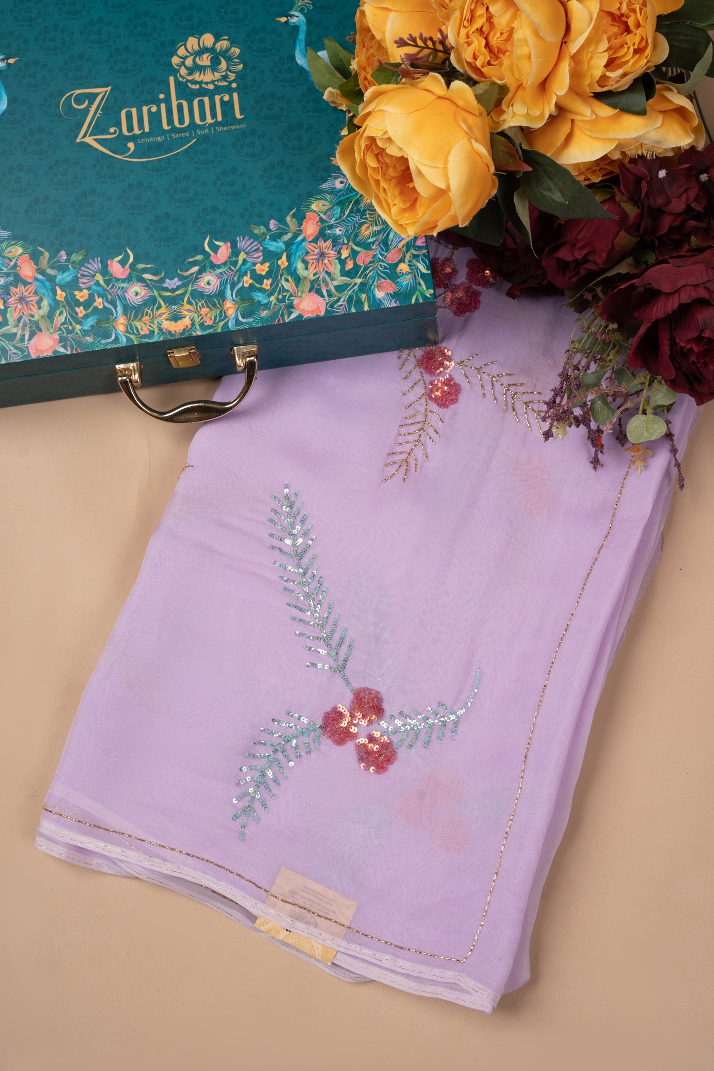 Light Lavender Sequins Chhadi Flower Organza Saree