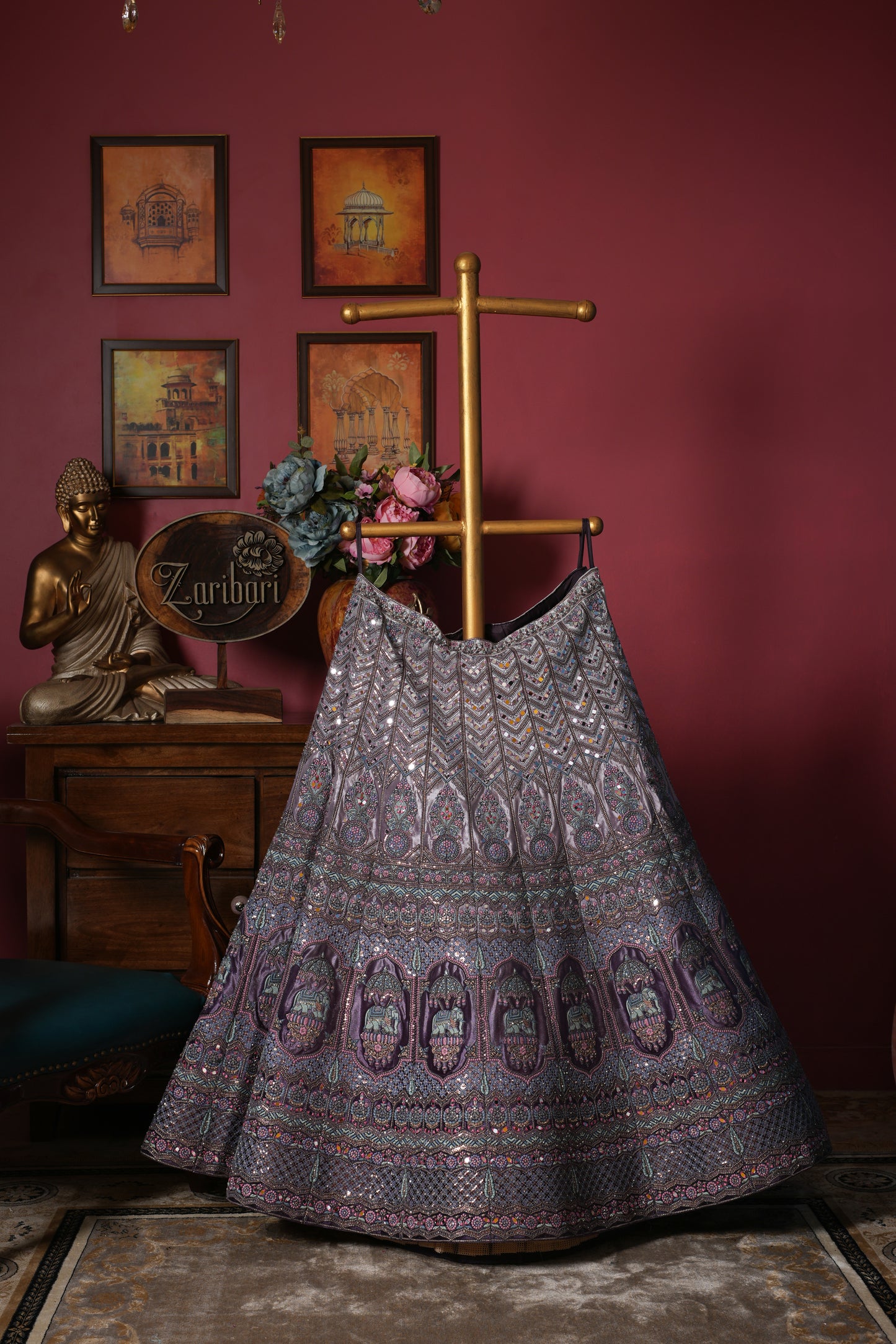 Light Purple Designer Chhataree Elephant Lycra Velvet Bridal Lehenga