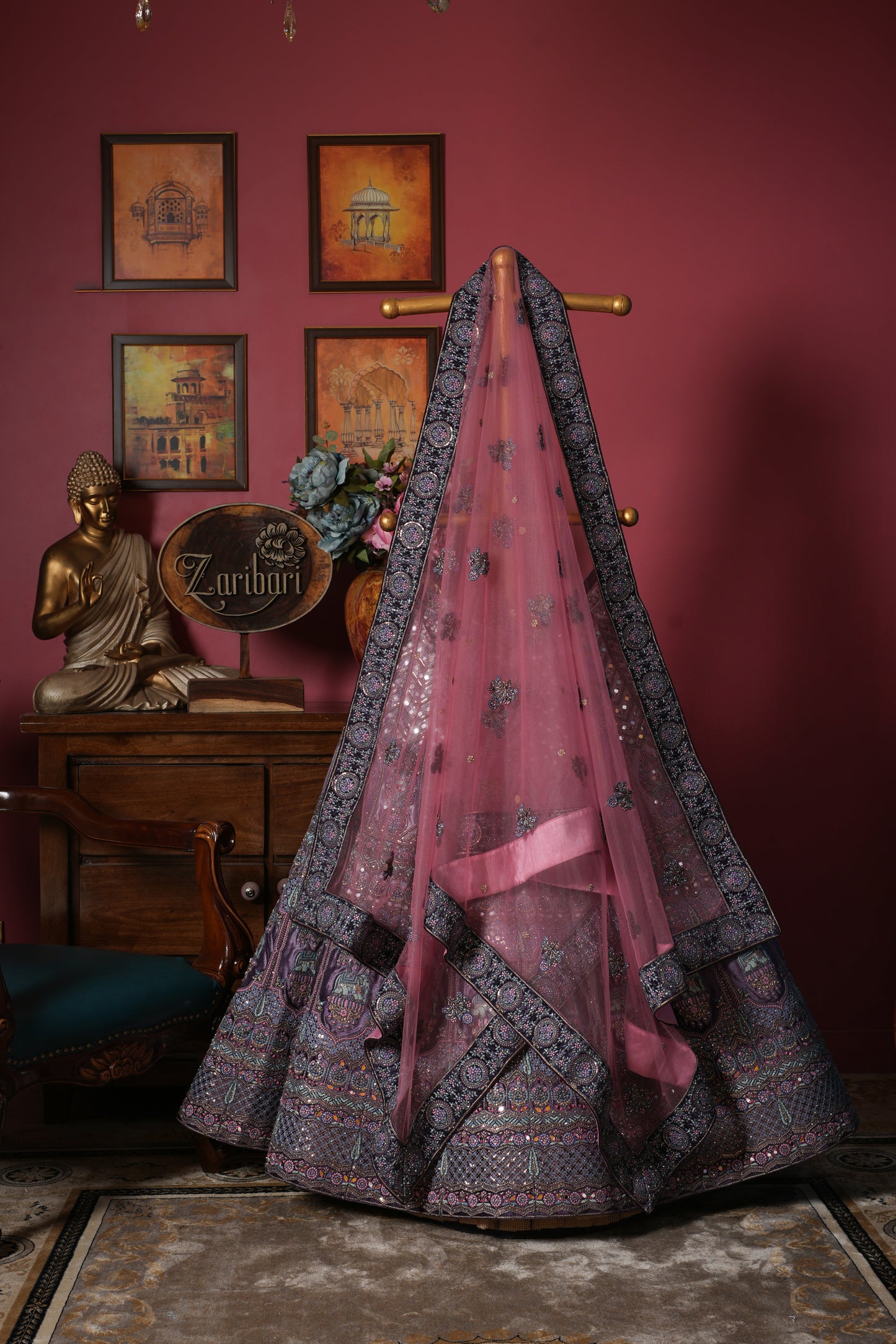 Light Purple Designer Chhataree Elephant Lycra Velvet Bridal Lehenga