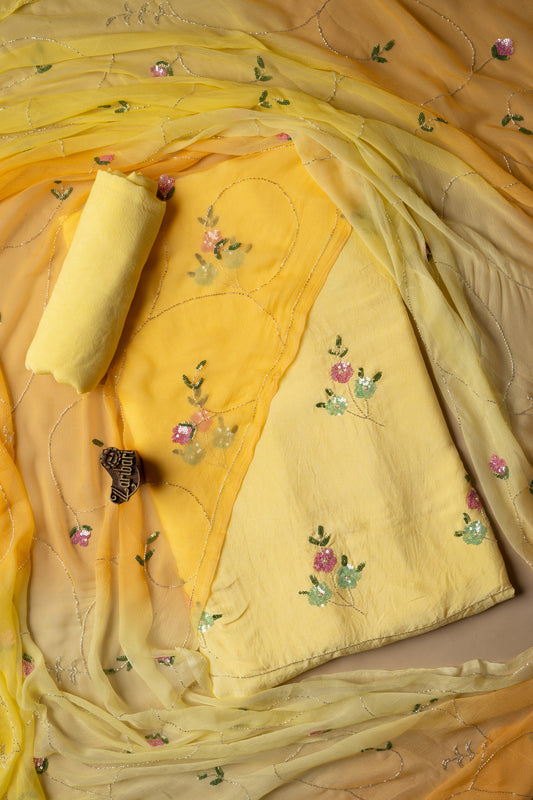 Light Yellow Multi Colour Sequins Butta Russian Silk Unstitched Suit