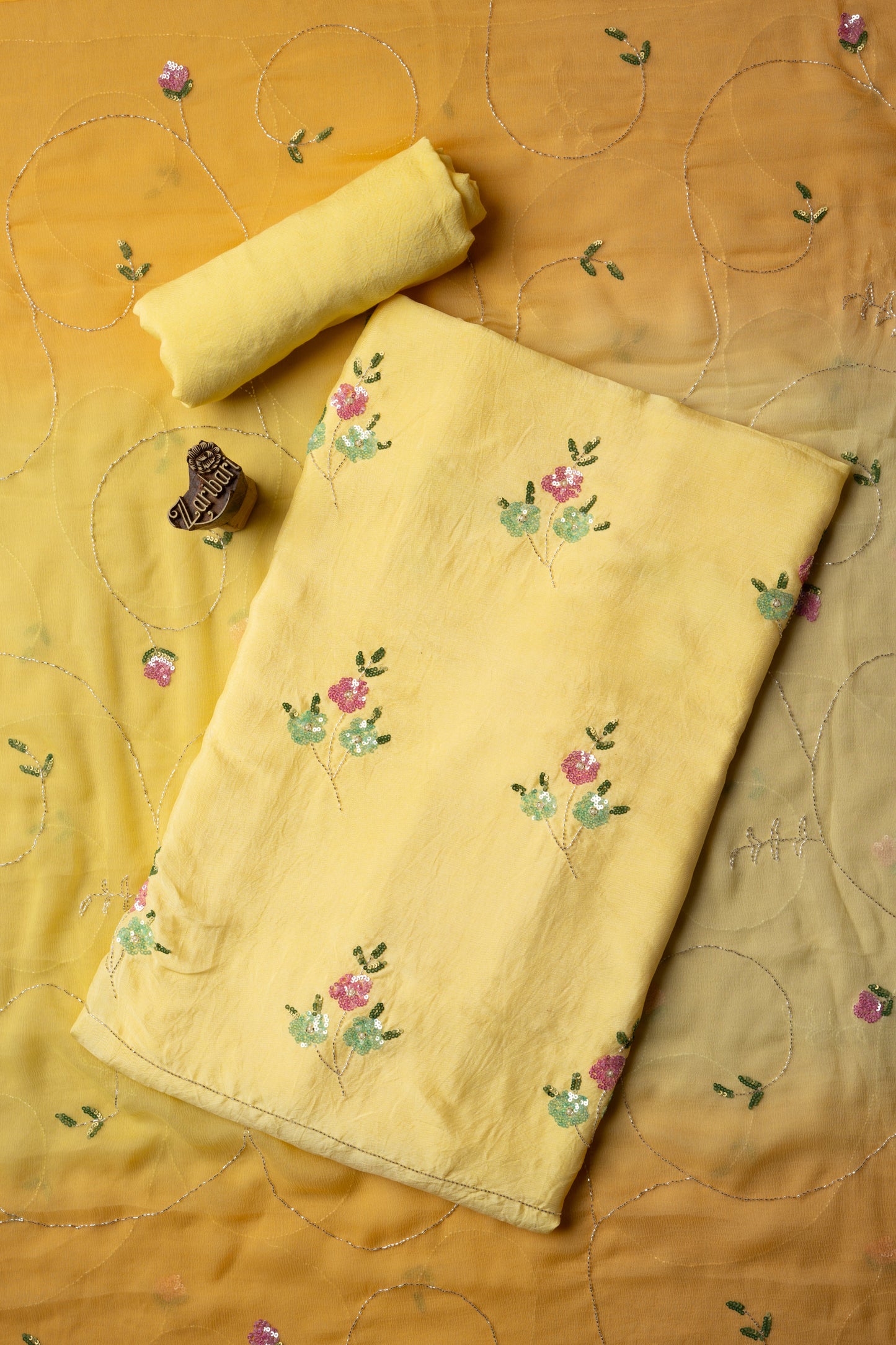 Light Yellow Multi Colour Sequins Butta Russian Silk Unstitched Suit