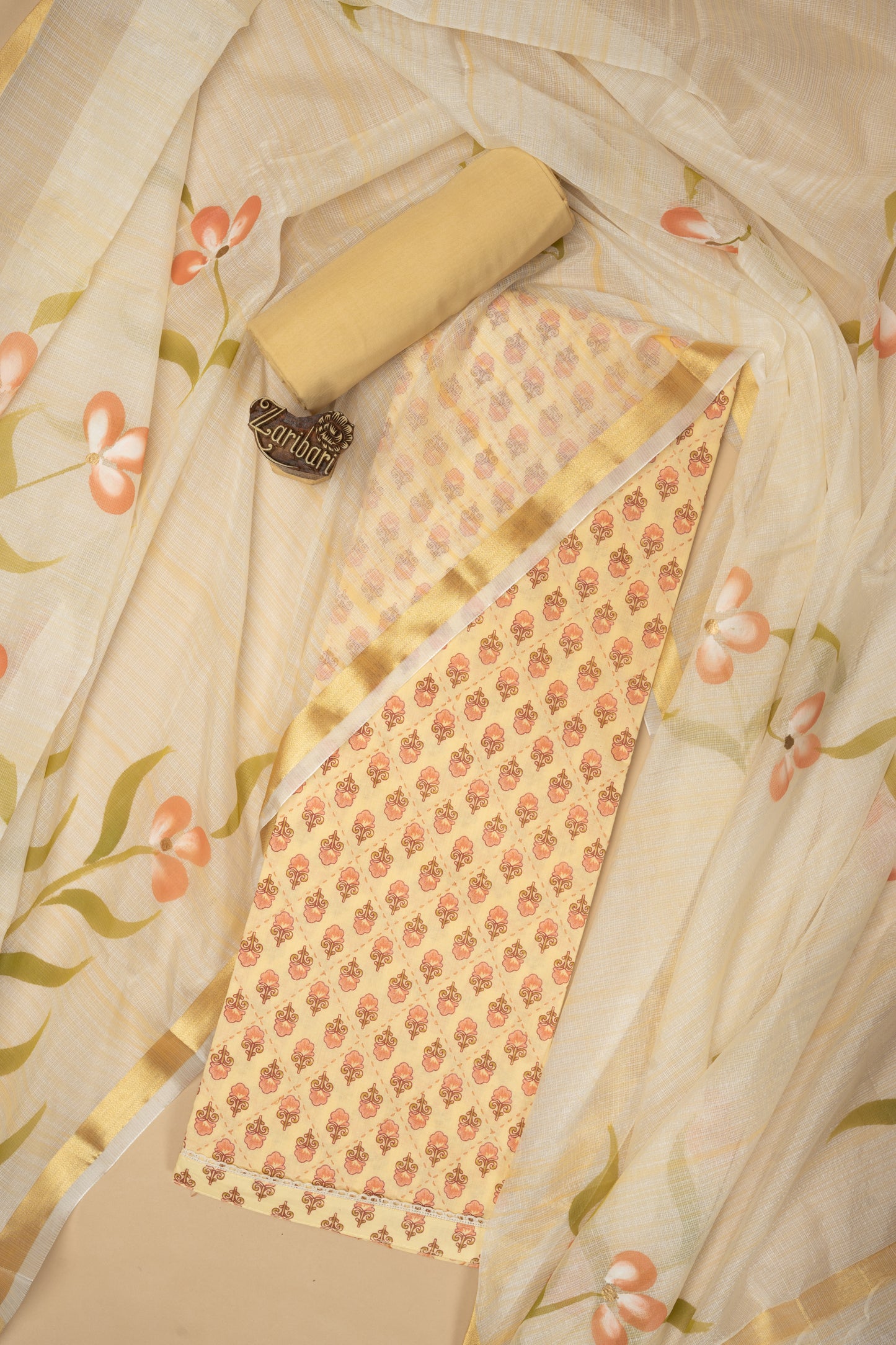 Light Yellow S 4343 Cotton Printed Unstitched Suit