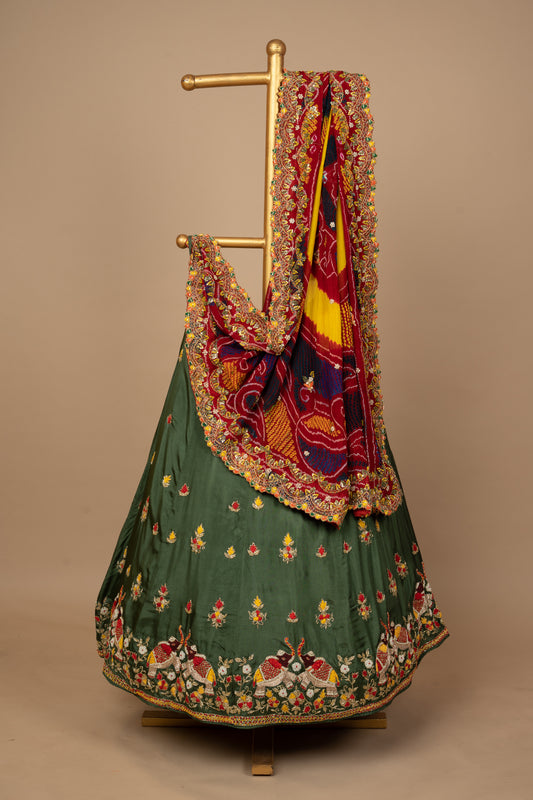 Mehndi Green Designer Kardana Elephant Upada Silk Lehenga