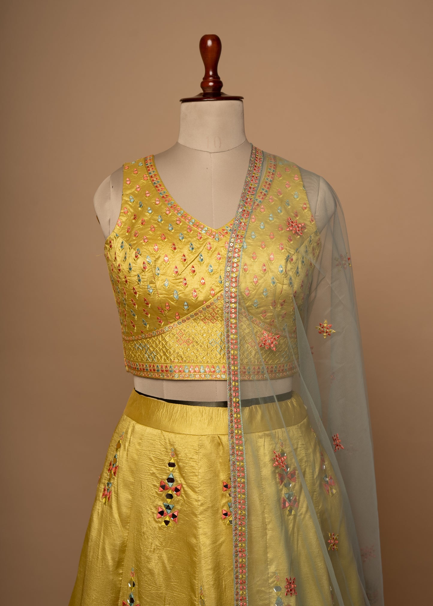 Mehndi Yellow Designer DD Silk Crop Set