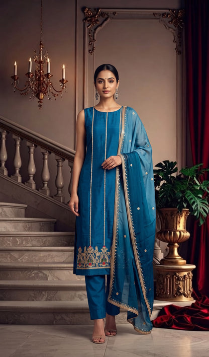 Blue Hand-worked Silk Unstitched Suit Set