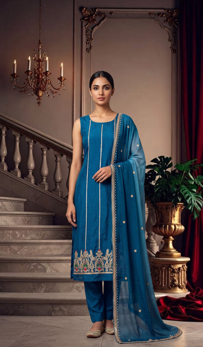 Blue Hand-worked Silk Unstitched Suit Set